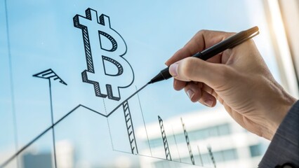 Technology icon hand drawing bitcoin symbol on transparent board with upward graph line showing financial growth and innovation