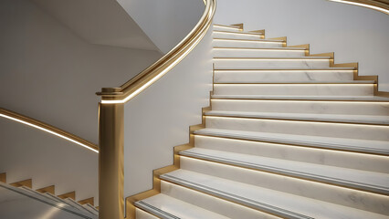 Luxurious modern marble staircase with golden railings and elegant LED lighting. High-end architectural detail.