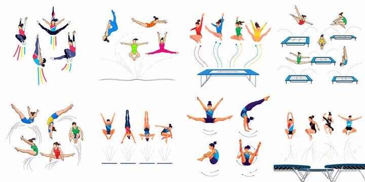 Trampoline and Acrobatic Gymnastics Moves Vector Set: Athletes performing flips, splits, somersaults, and jumps in competitive routines illustration.