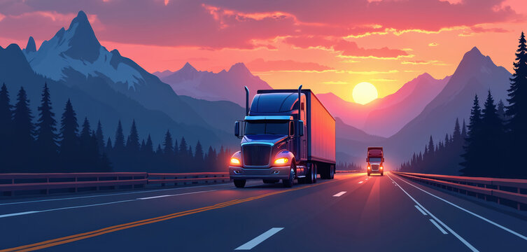 Two big trucks drive on a highway past mountains and pine trees at sunset. The sky is filled with bright orange and pink clouds. One truck is dark blue, the other is red.