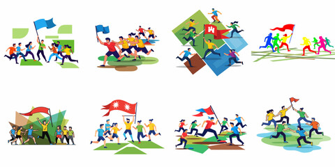 Obraz premium Collection of flat vector illustrations depicting diverse running teams and flag bearers in a relay race or competition, symbolizing teamwork and victory.