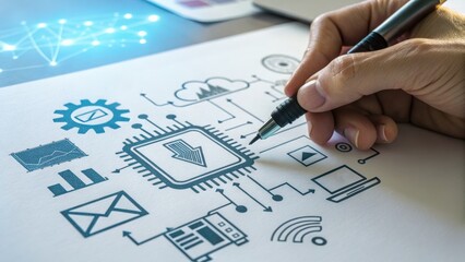 Technology icon concept with hand drawing digital symbols showing innovation, communication, and data connection in modern workspace
