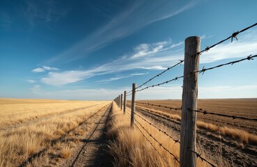 Barbed wire fence runs through golden grass field near plowed land under blue sky. Rural Canadian prairie landscape stretches to horizon, empty scene with rustic wooden posts and dry vegetation.
