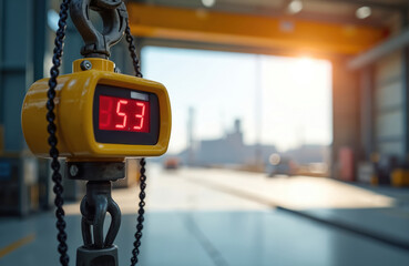 Yellow industrial scale with red digital display hangs from crane chain. Weighing machine shows 5. 3 inside large factory workshop. Heavy equipment lifts material.
