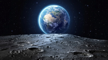 Earth Viewed from the Moon's Surface with Stars in the Background Keywords: Earth, planet, moon, lunar, surface, space, stars