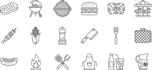Outline Vector Icon Set Representing Outdoor Grilling Barbecue Cooking Summer Leisure Dining Food Preparation and Picnic Activities Concepts