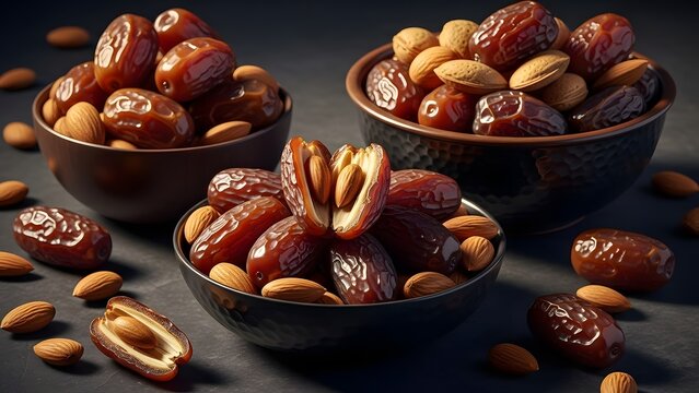 Bowls of Fresh Dates and Nuts on Dark Background for Ramadan Iftar