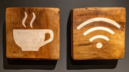 Wooden blocks featuring hand-painted symbols for a beverage service area and wireless network access are displayed against a dark background