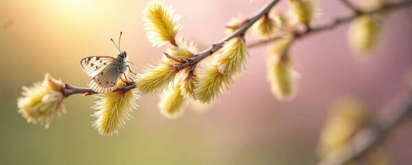 Fototapeta premium Small butterfly rests on fuzzy yellow willow branch in warm sunlight. Springtime nature awakens with delicate buds, soft pastel colors. Gentle blooming heralds new life, perfect for seasonal themes.