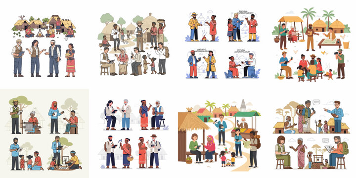 Anthropological Fieldwork: Collection of scenes showing researchers documenting indigenous cultures, interviewing villagers, and studying physical and linguistic diversity globally.