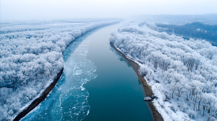 Fototapeta premium Aerial winter landscape of the songhua river with partially animated movie blue water and snow-covered trees along the banks