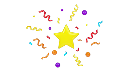3D Yellow Star Surrounded by Colorful Confetti and Streamers on transparent background