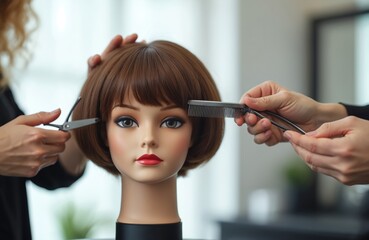 A mannequin head on a haircutting lesson. Hands hold scissors and comb, showing a styling technique. Aspiring stylists practice hairdressing skills in a salon class.