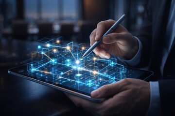 AI-Driven Automation Enhancing Technology Solutions in Business Settings Futuristic Tablet Interaction Innovation and Efficiency