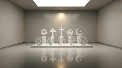 Religious Symbols Display in Modern Minimalist Gallery with Soft Lighting
