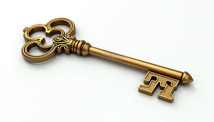 Ornate gold key rests on white surface representing access opportunity or solution. Antique design signifies wealth achievement or unlocking secrets.