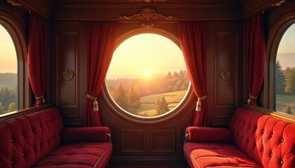 Luxurious vintage train cabin features plush red seats and curtains framing a scenic countryside sunset view through a round window. Elegant travel comfort awaits passengers on this scenic journey.