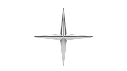 3D Polished metal four-pointed star emblem on transparent background