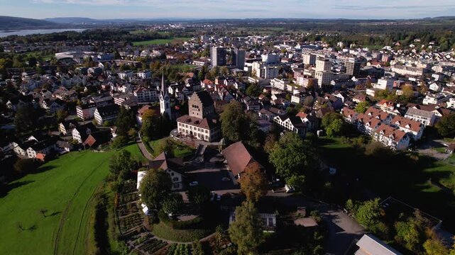 Flying around the castle of a small town, Uster, Switzerland