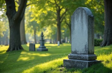 Blank gravestone stands in quiet green cemetery park. Sunlight shines on grassy hill and trees. Old stone marker waits for name in peaceful burial ground.