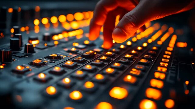 Close-up of a hand adjusting a music mixer in action