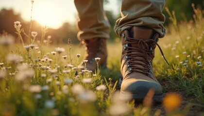 Person in hiking boots walks through a meadow dotted with small white flowers. Sunlight streams through the grass, creating a warm, inviting atmosphere for outdoor exploration.
