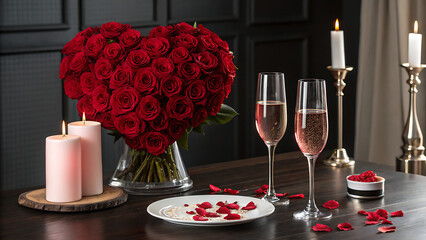 Romantic Valentine's Day Dinner Setup: Heart-Shaped Roses, Champagne Flutes, Candles, and Rose Petals on a Table