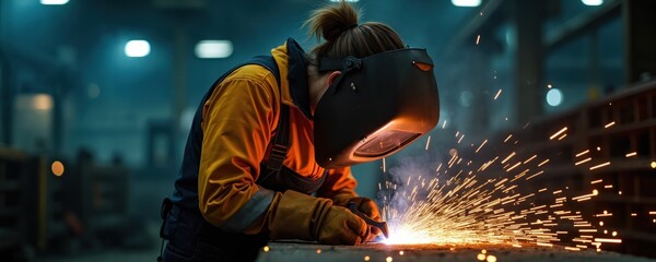 Woman welder in protective gear works on metal construction in factory. Sparks fly from welding torch creating light and energy. Female mechanic performs skilled labor with tools in workshop.