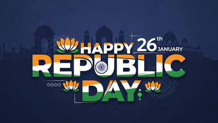 Happy republic day india celebration graphic design with indian flag colors and lotus flowers