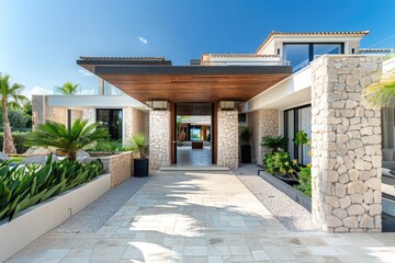 Luxury modern stone villa with wooden entrance and palm trees