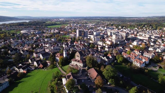 Aerial of a small city in the canton of Zurich, Uster, Switzerland