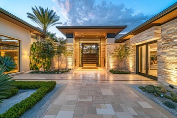 Modern luxury home with stone facade and beautiful garden landscaping