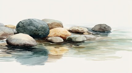 Fototapeta premium A serene watercolor depiction of smooth stones resting in tranquil water, reflecting soft colors and creating a calming atmosphere.