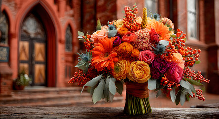 Bright bouquet of fall flowers and berries in front of a rustic red brick church. Autumn season and celebration concept for Thanksgiving.