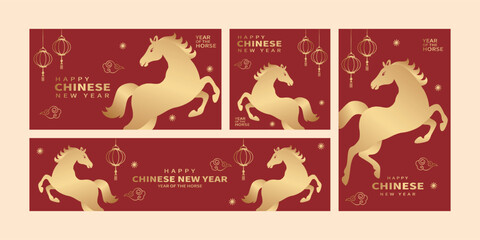 2026 Year of the Horse Chinese New Year greeting card design with golden horse motifs, available in multiple vector banner sizes.