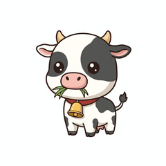 Obraz premium Adorable Cartoon Cow with Bell Eating Grass.