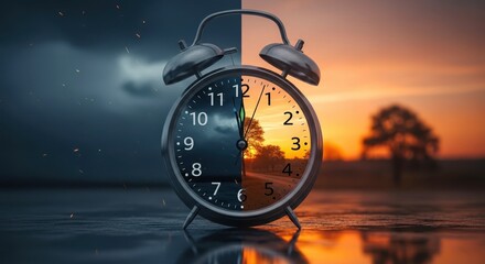 Split view shows clock during day and night. Concept of daylight saving time. Clock face shows time difference. Daytime sunset sky and nighttime dark with sparkles.