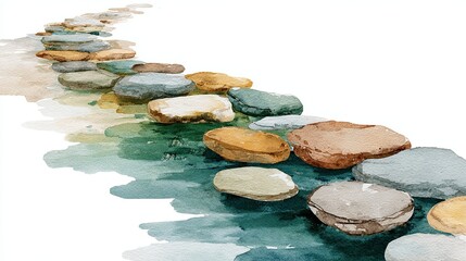 A serene watercolor illustration of stepping stones over tranquil water, creating a peaceful pathway through nature.