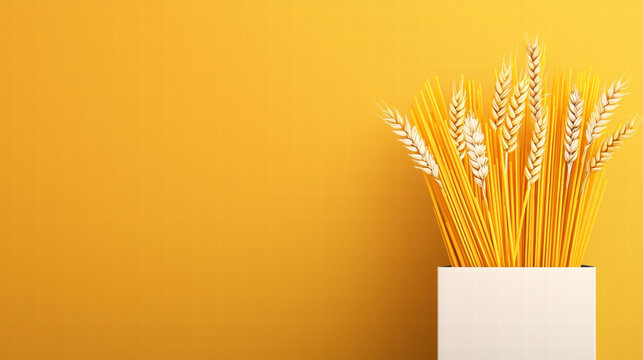 Yellow background wheat pasta food minimal copy space grain dry bundle decor golden ingredient cereal harvest agriculture culinary raw organic