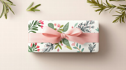 Gift box floral ribbon pink bow pastel rectangle flat lay elegant floral gift box with pink ribbon bow pastel background, romantic and delicate