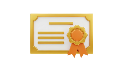 3D Golden Certificate with Seal and Ribbon on transparent background