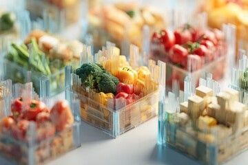 Fresh vegetables including broccoli, yellow and red bell peppers, and tomatoes displayed in transparent square containers with modern design, creating vibrant and healthy market feel