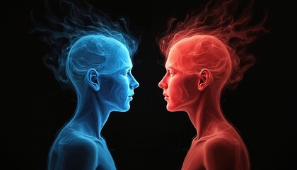 Two glowing human heads face each other in profile, one blue, one red. Abstract colorful smoke forms their hair and bodies. Represents mind connection, ideas, or emotional contrast.