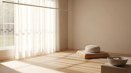 Bright Minimalist Yoga Room with Sunlight Streaming Through White Curtains and Cushioned Meditation Seat