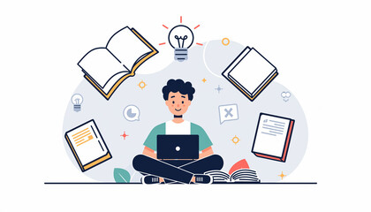 Happy student studying with laptop and books in creative workspace