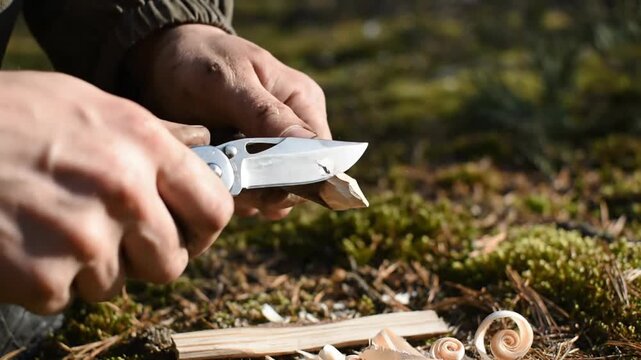 Man Whittling Wood with Pocket Knife Outdoors.