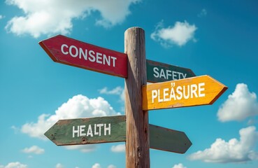 Wooden signpost with arrows pointing in different directions labeled CONSENT, SAFETY, PLEASURE, and HEALTH against a bright blue sky with clouds. Decisions about well-being and choices.