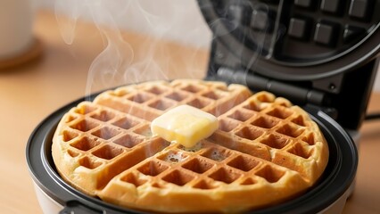 Delicious Golden Waffle with Melting Butter and Rising Steam in Waffle Maker Warm Breakfast.
