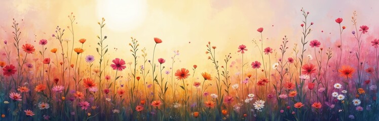 Fototapeta premium Watercolor art of diverse wildflowers blooming in vibrant colors. Sunny meadow with tall grasses under soft golden sky. Nature background for invitations or cards.