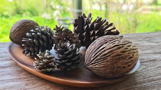 Dried pine cones and pine nuts are used to decorate cafes.
